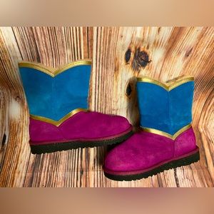 UGG Kids Boots in Vibrant Blue and Pink with Gold Accents